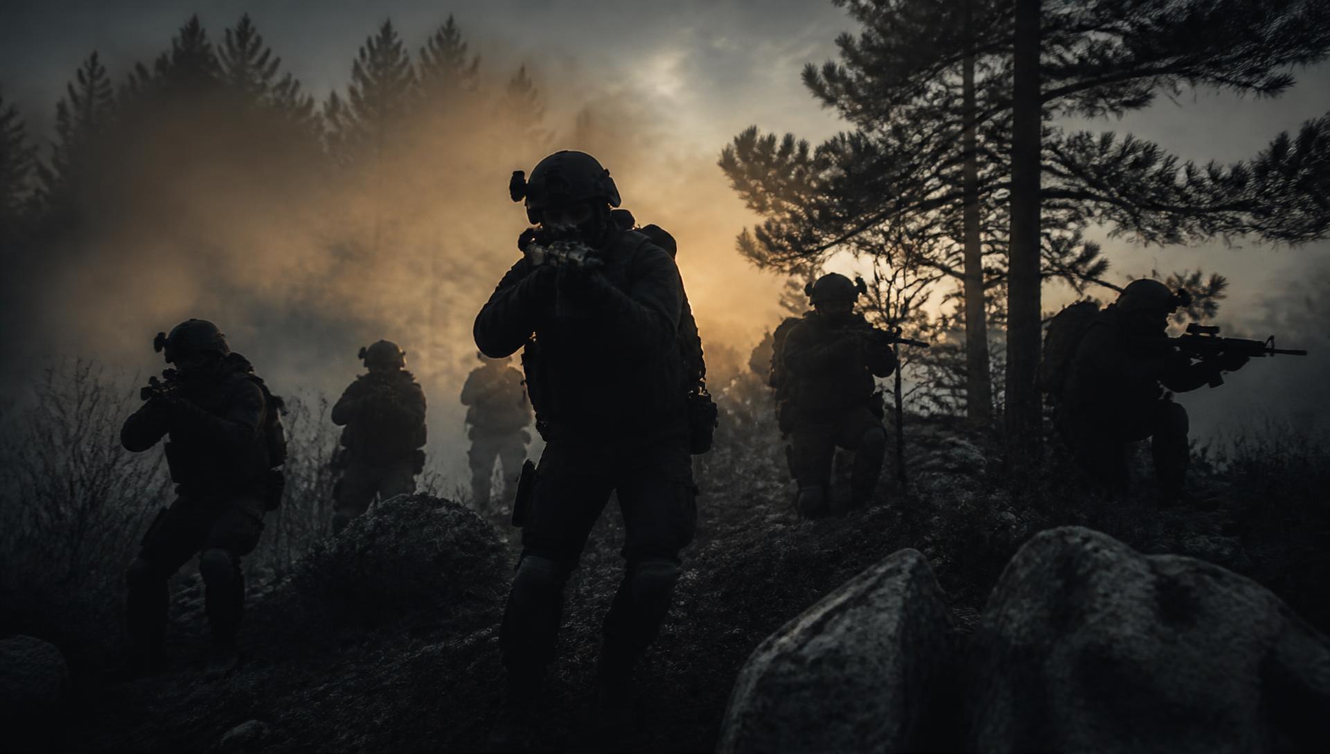 Airsoft-Team im Nebel bei Dämmerung